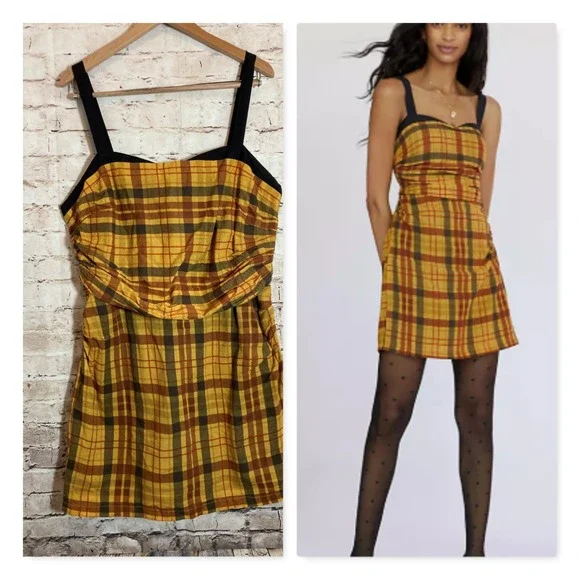 Anthropologie | Dresses | Anthropologie Let Me Be Plaid Corset Mini Dress  Xl Mustard Gold Draped Ruched | Poshmark